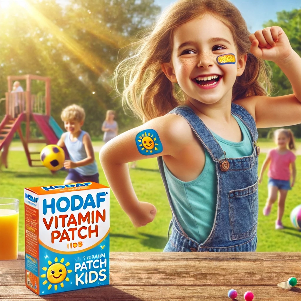 DALL·E 2024-12-03 13.06.23 - A cheerful child playing outside while wearing the HODAF Vitamin Patch Kids on their upper arm. The scene is vibrant, showcasing the child enjoying ac